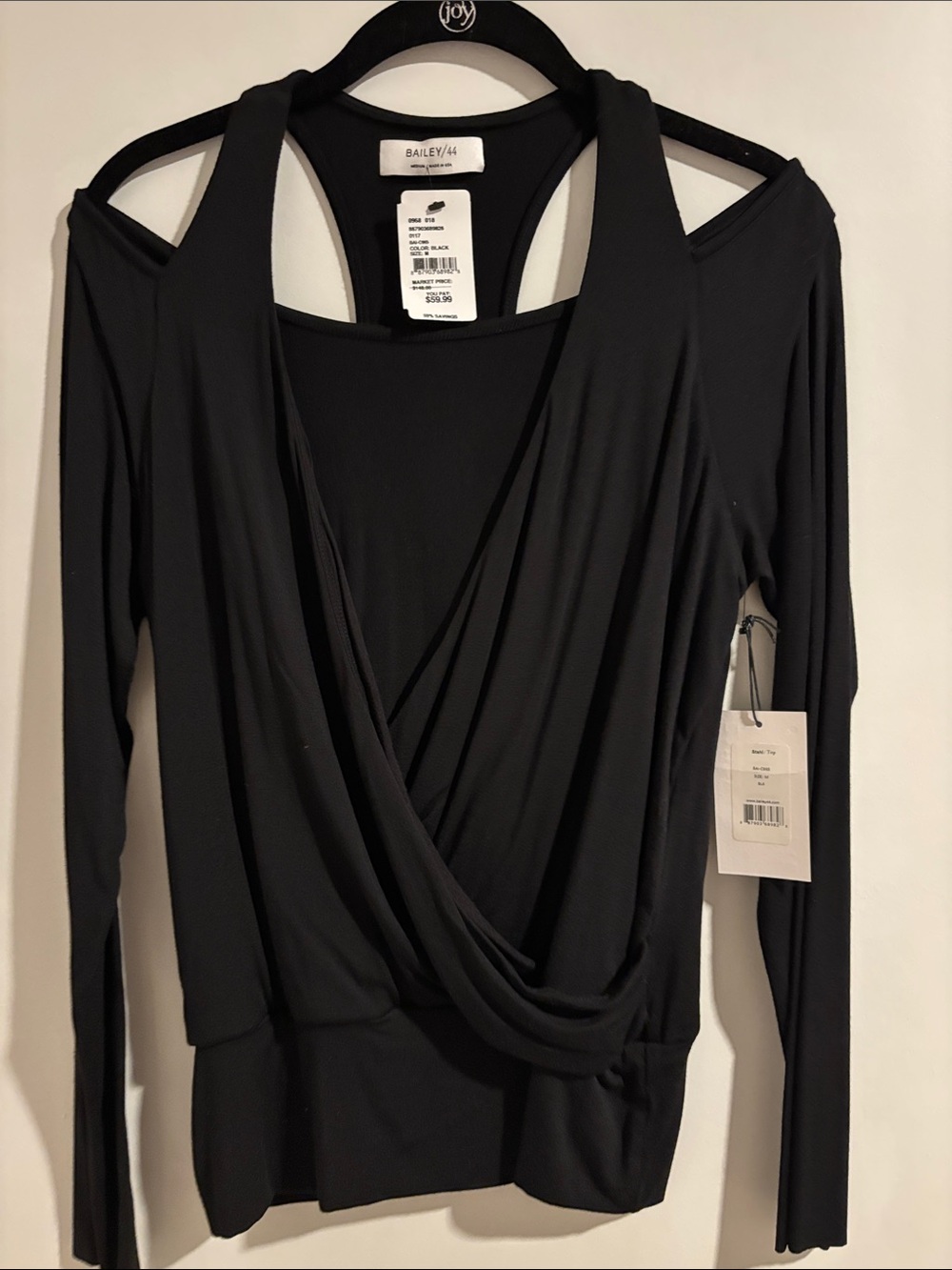 Bailey 44 Black Draped Cold-Shoulder Wrap Top